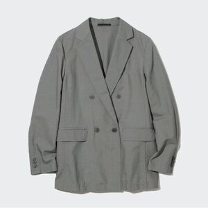 Women's Gray Olive Double-Breasted Jacket Uniqlo Linen